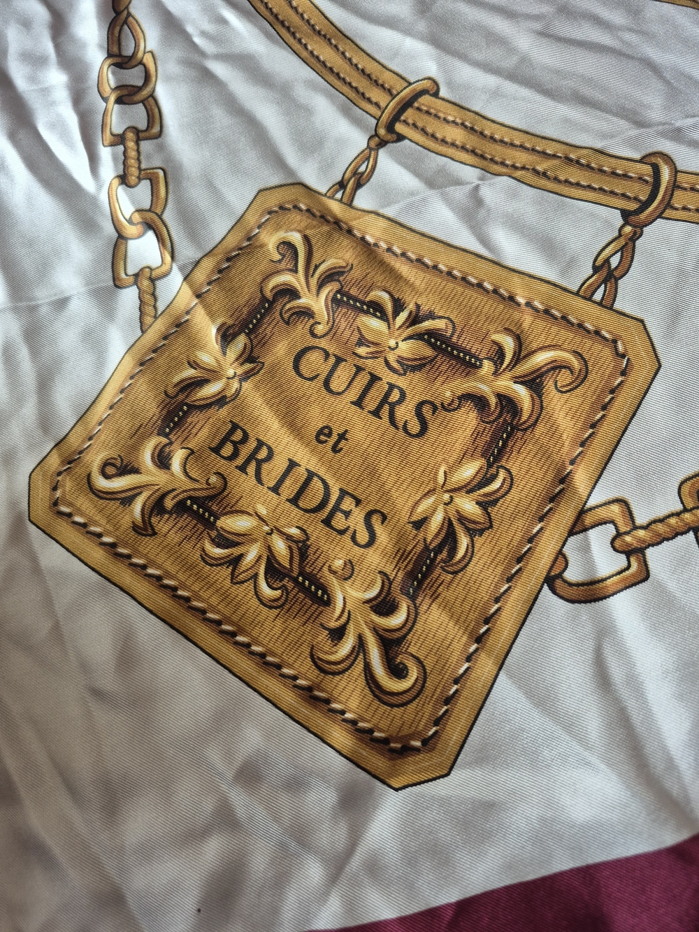 Pierre Baccara White & Burgundy Gold Horse Pattern 100$Silk Scarf Lyon Paris - Picture 6 of 13